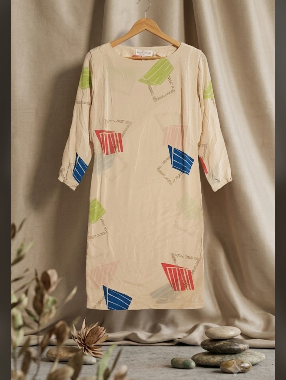 Vintage 80s Ms Chaus 100% Silk Dress Geometric Abstract Mod Shift Size 10
